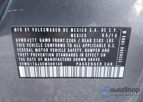 2014 Volkswagen Jetta 1.8T Se z USA, uszkodzony, nr VIN 3VWD17AJ4EM306148